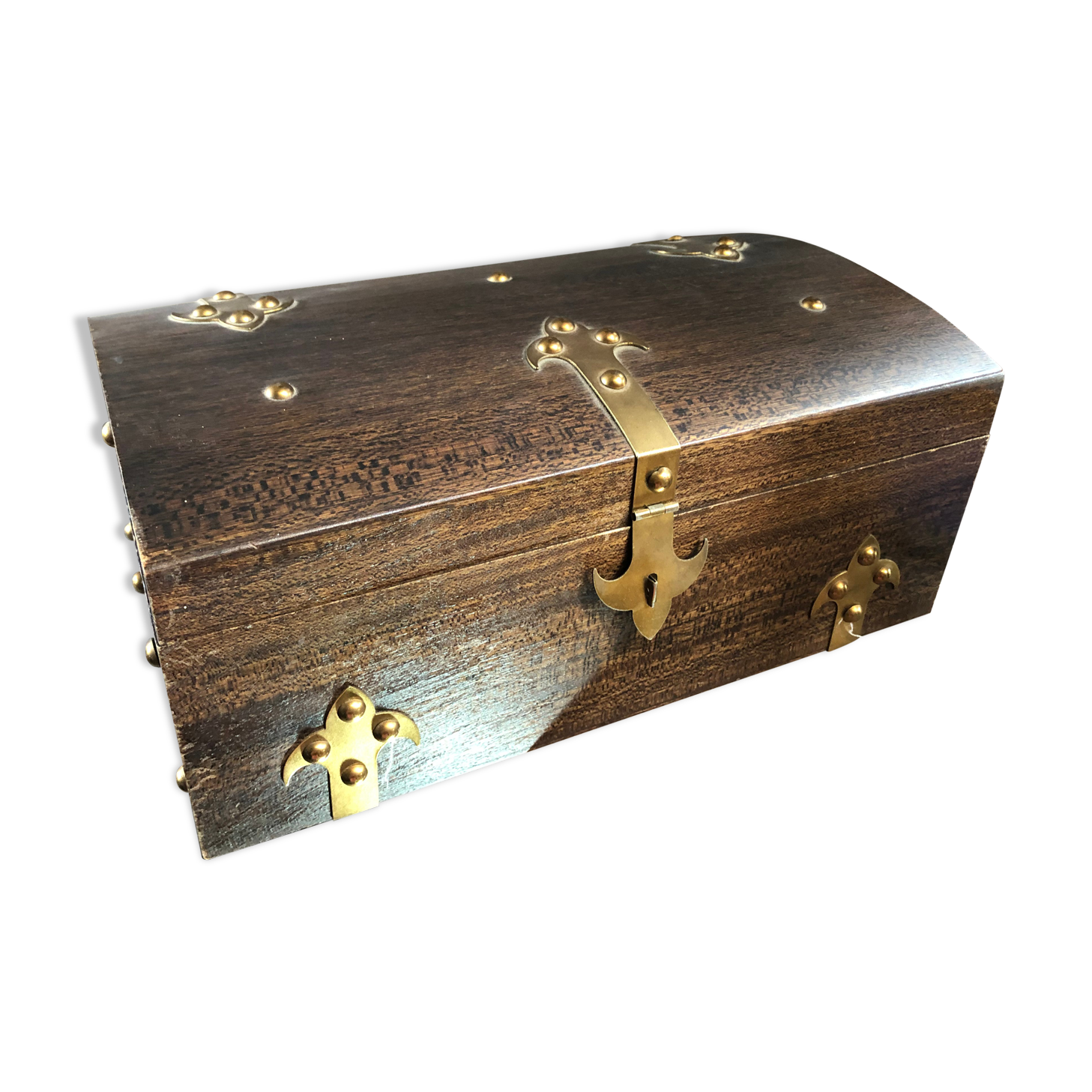 Old Box Storage Wood + Clamoir Metal Gilded Interior Fabric Red Vintage