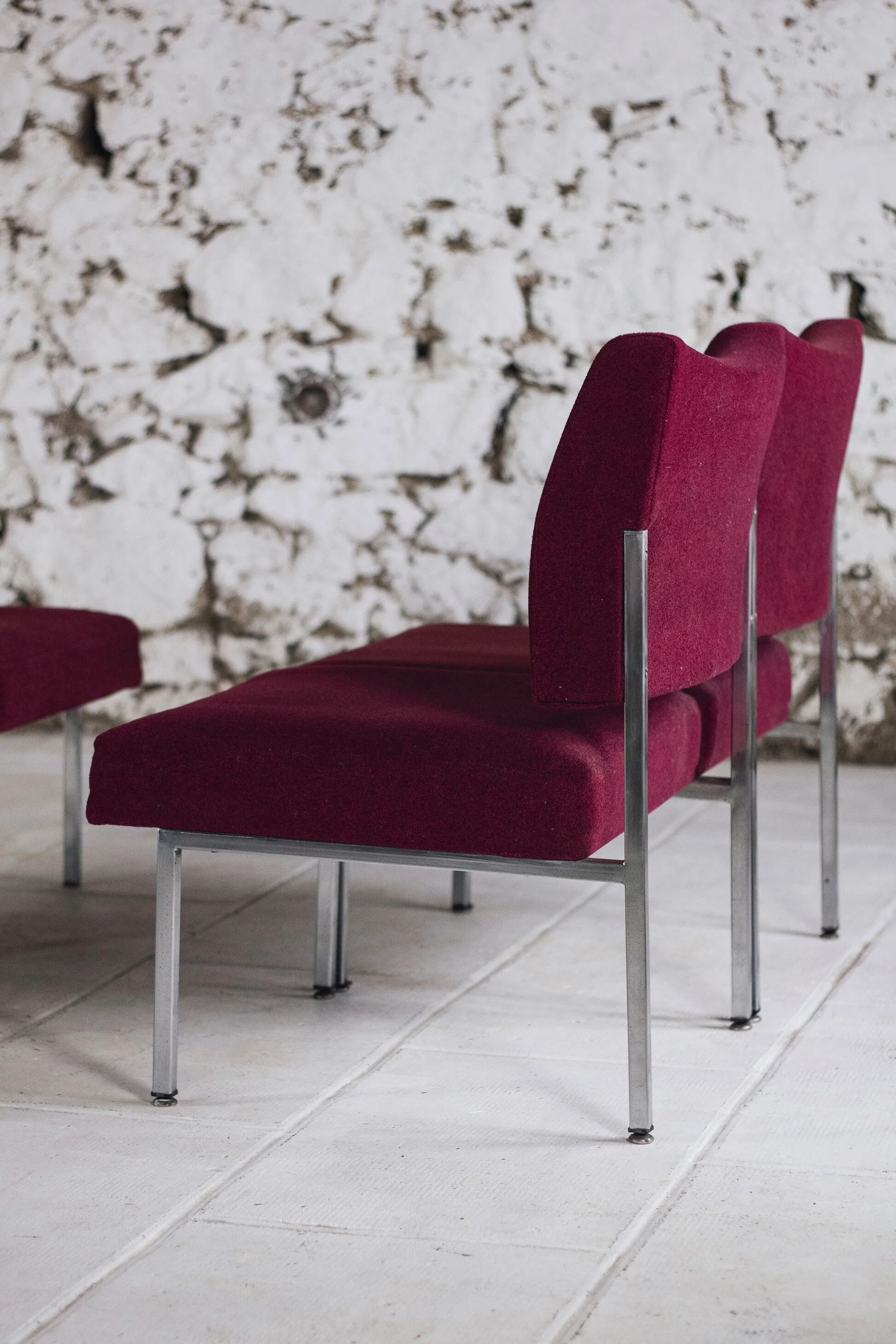 Set of 4 modernist burgundy armchairs, 1970.