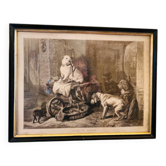 Reproduction of old engraving "Jack in office" after Sir Edwin Landseer (1802 - 1873)