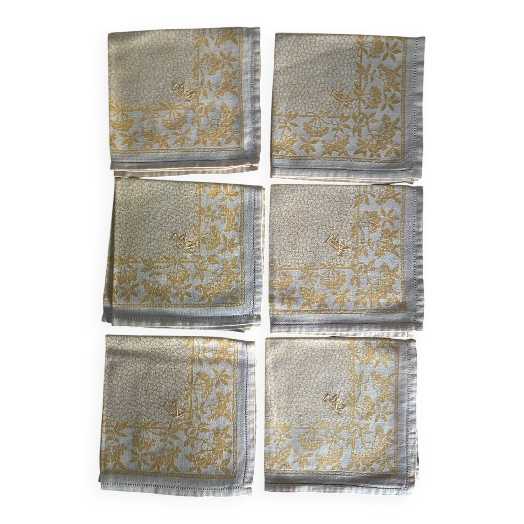 Set of 6 monogrammed damask tea towels
