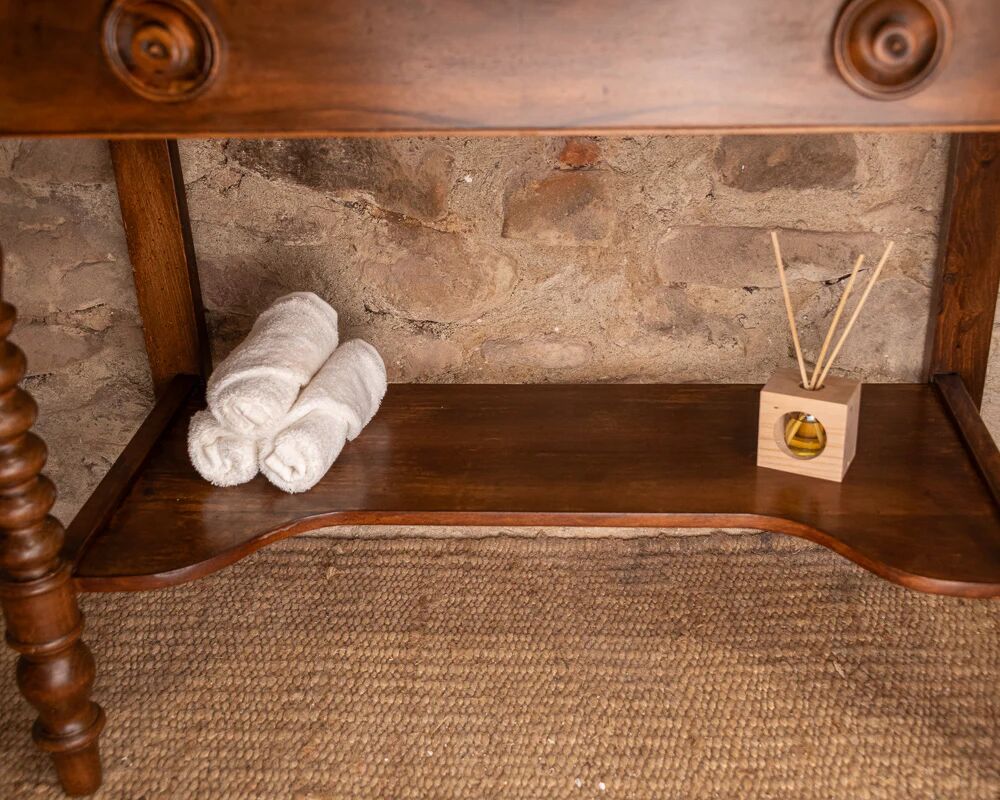 Marble and wood washbasin cabinet in Louis-Philippe style with double drawer.