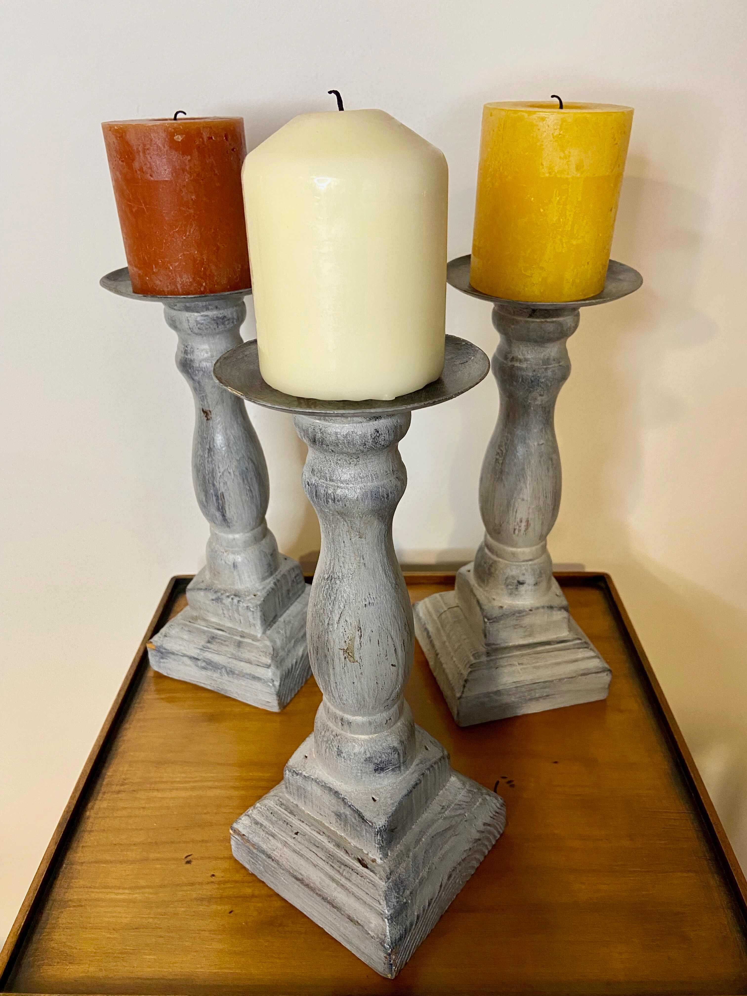 Gray patinated wooden candle holder