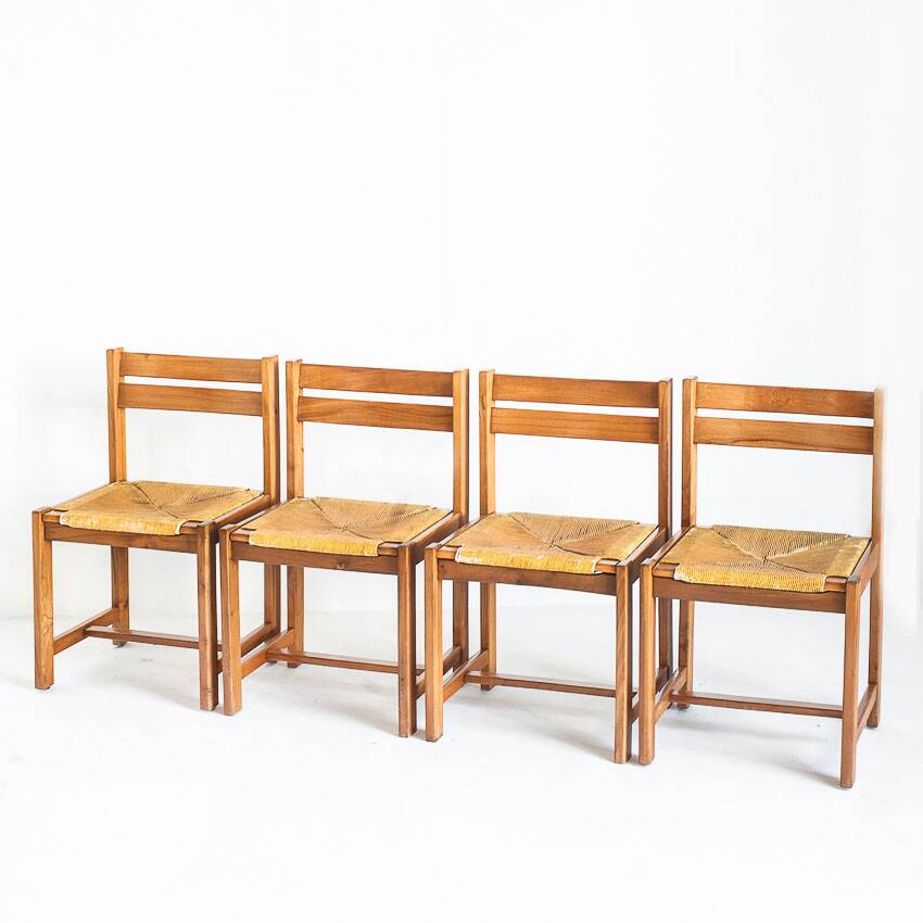 Extendable table and 4 chairs set with a rationalist design in solid elm wood. France, 70's