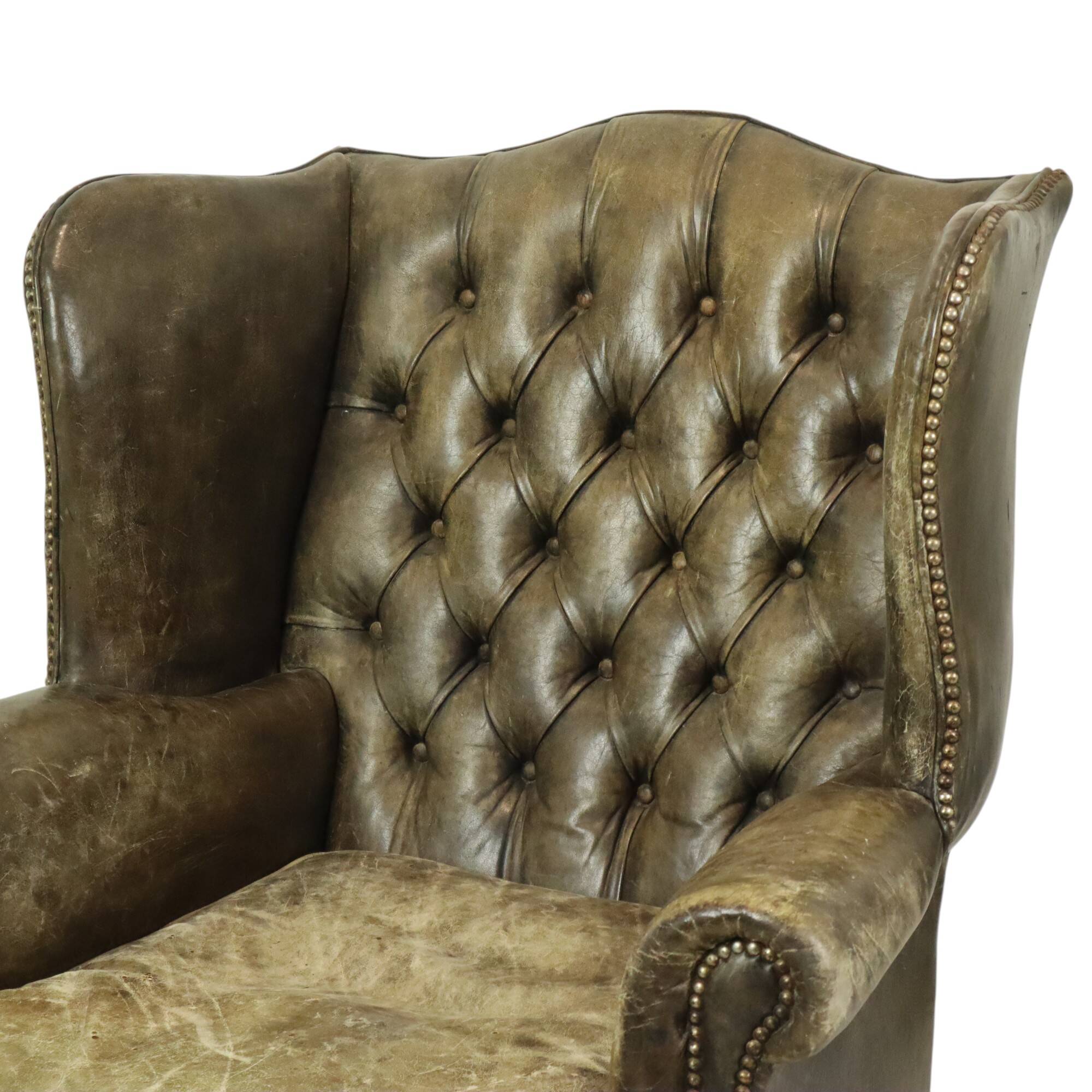 Old Green Chesterfield Armchair Wingchair