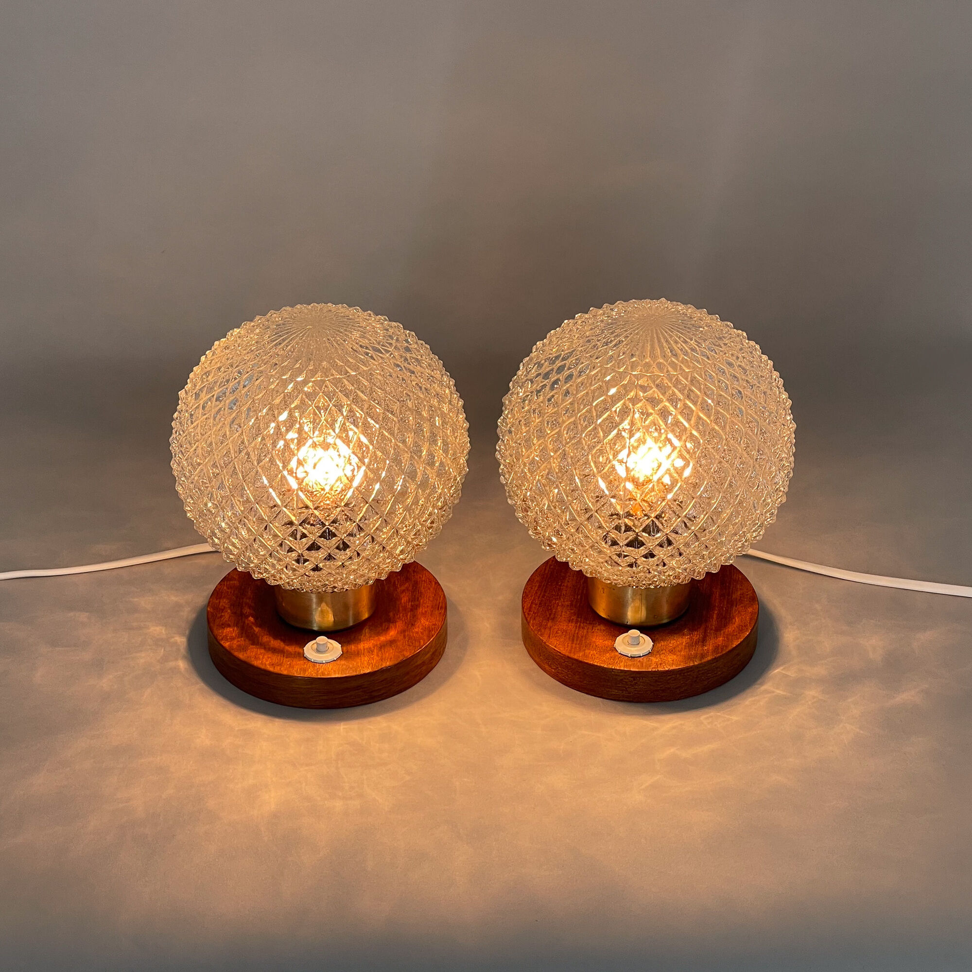 Pair of Midcentury Wood & Glass Table Lamps, 1970s