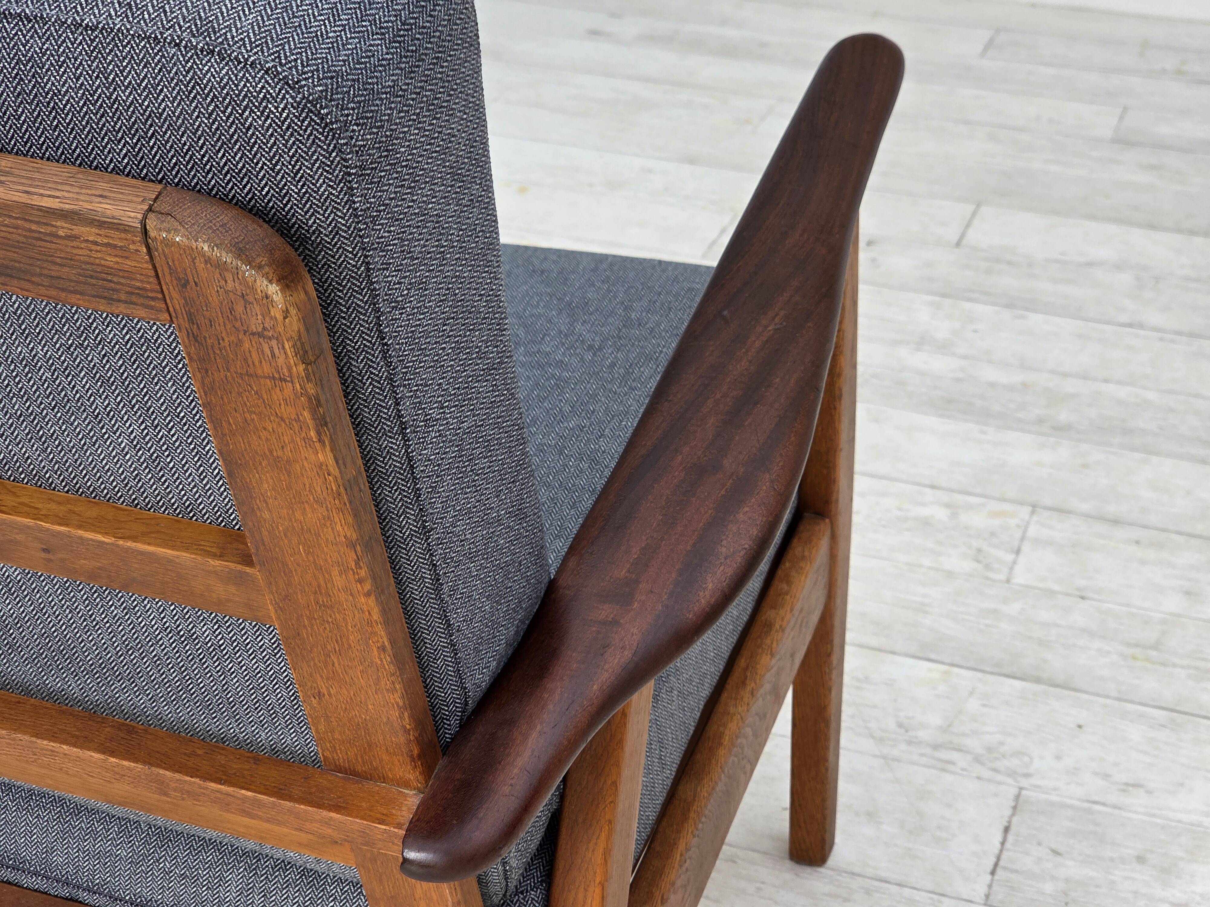1970s, pair of Danish armchairs, reupholstered, furniture wool, teak, oak.
