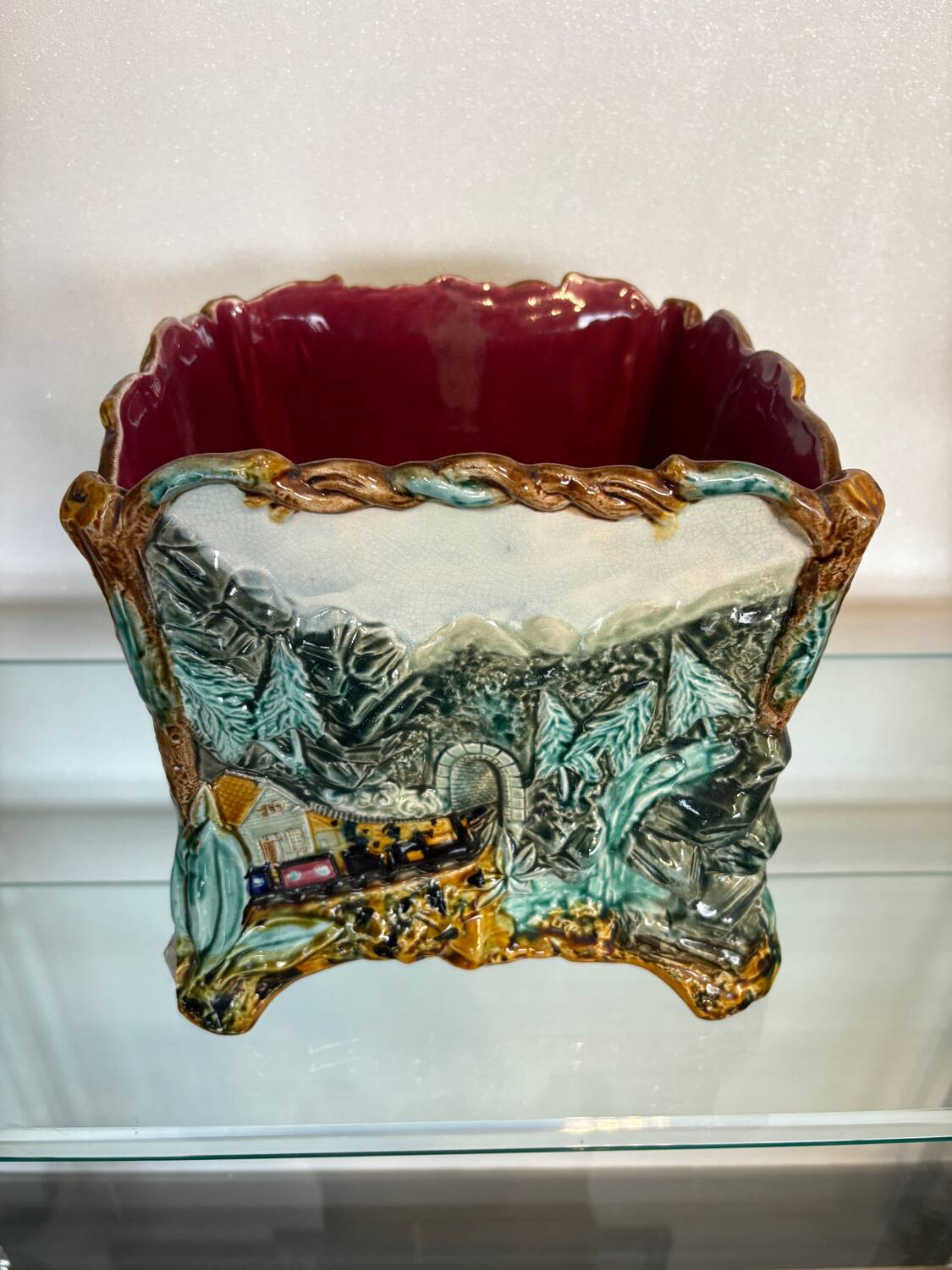 Antique cache-pot in earthenware barbotine – landscape & train decoration – early