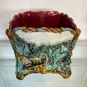 Antique cache-pot in earthenware barbotine – landscape & train decoration – early