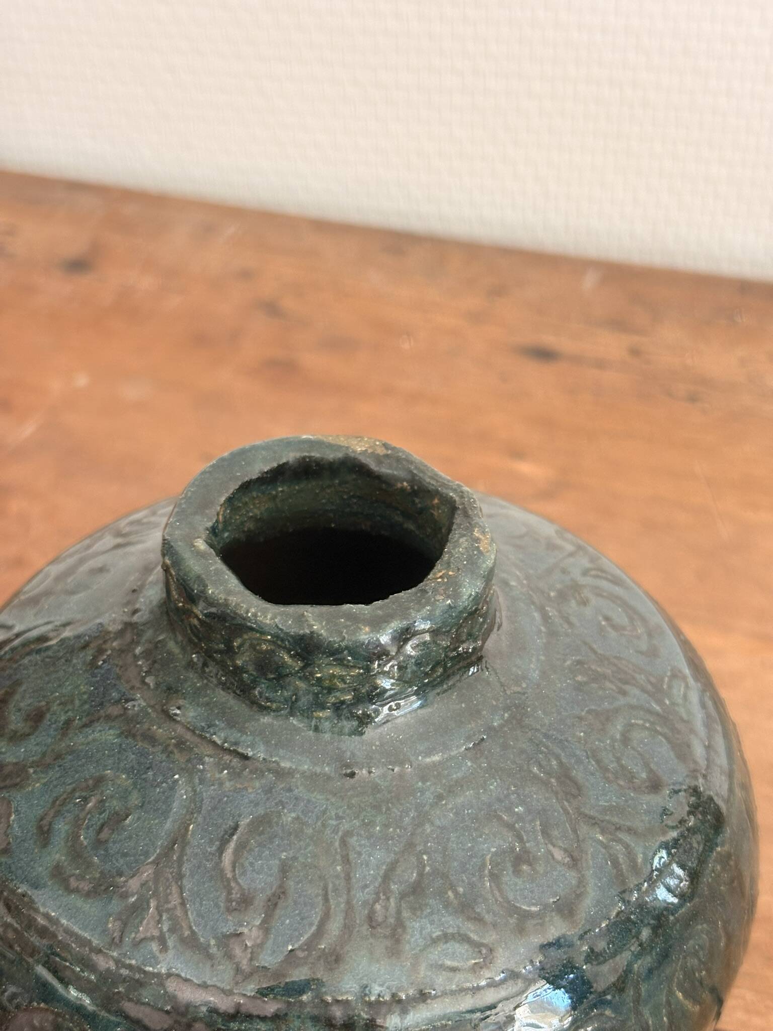 Glazed Engraved Bowl Vase with Geometric Flowers, Popular Art from the 50s