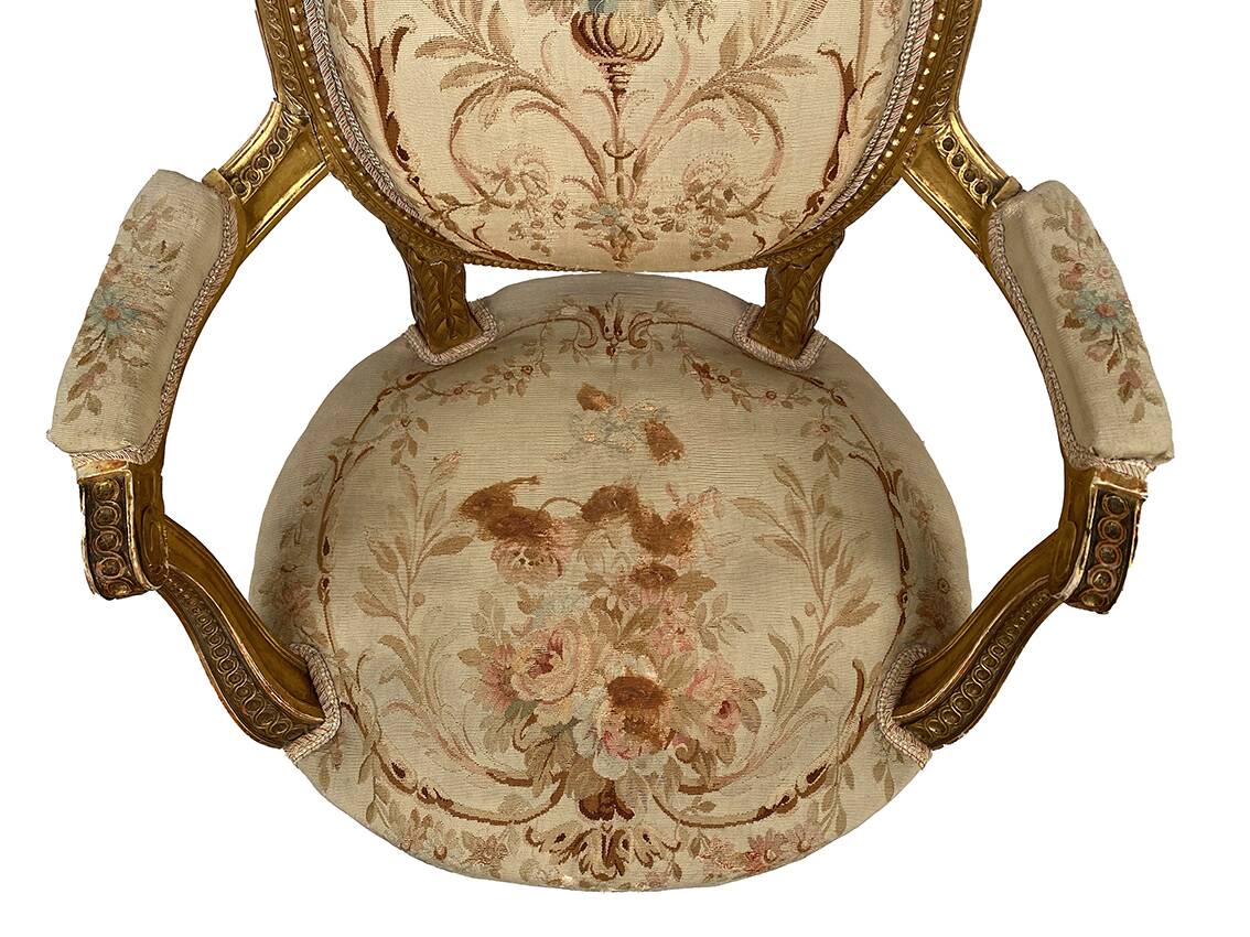 Louis XVI style gilded wood armchair, late 19th or early 20th century