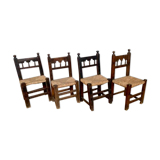 Series of 4 brutalist rustic chairs in carved wood straw seat
