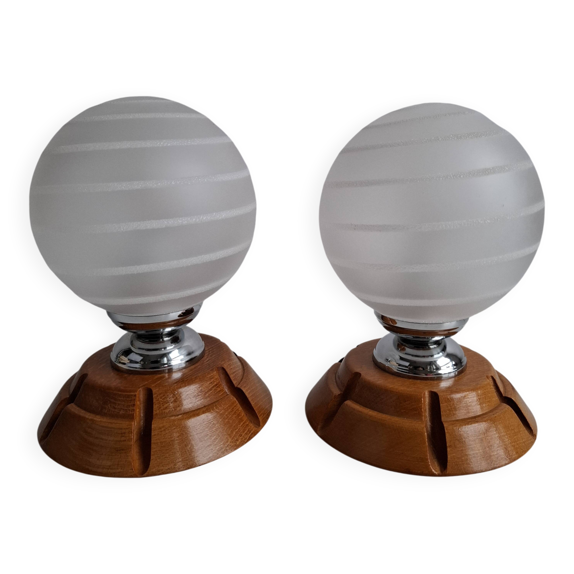 Pair of Mid-Century Czech Wood and Frosted Glass Table Lamps, 1990