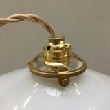 White opaline pendant lamp with transparent serrated edges