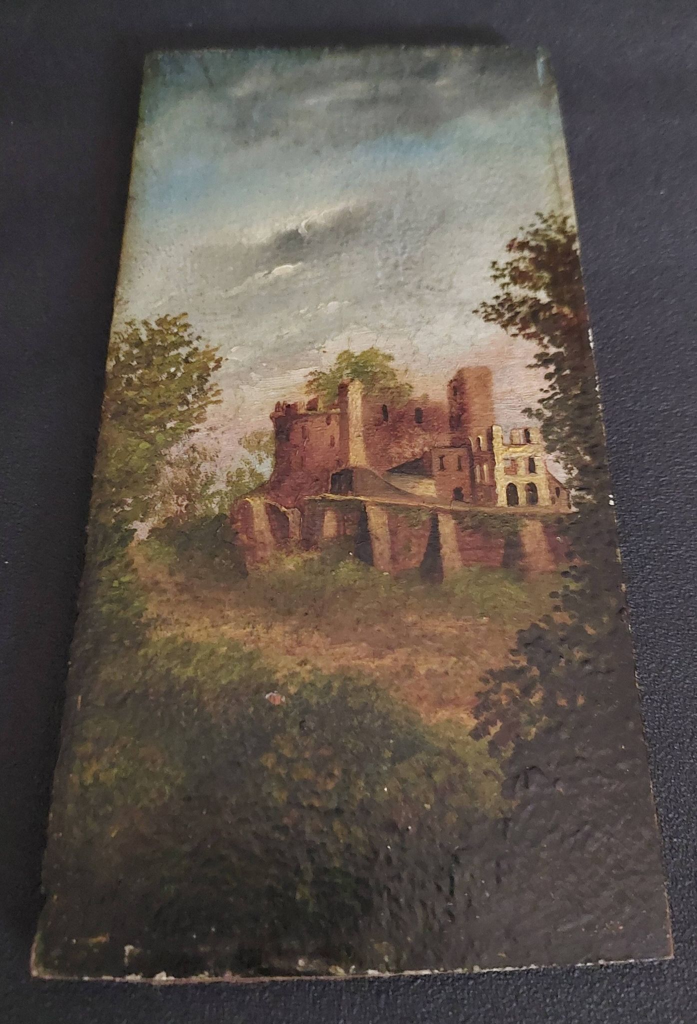 Oil painting on panel romantic landscape ruins late 19th century