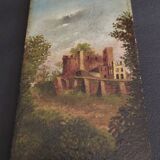 Oil painting on panel romantic landscape ruins late 19th century