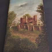 Oil painting on panel romantic landscape ruins late 19th century