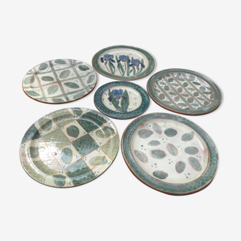 Set of 5 artisanal plates in enamelled earth plus a dessert plate. Unique pieces .