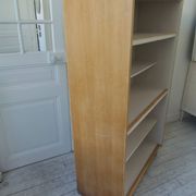 Vintage oak veneer bookcase, pearl gray interior, metal legs