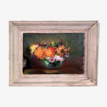 Tableau nature morte "Bouquet et vase boule vert"