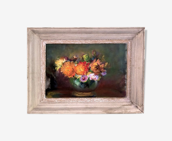 Tableau nature morte "Bouquet et vase boule vert"