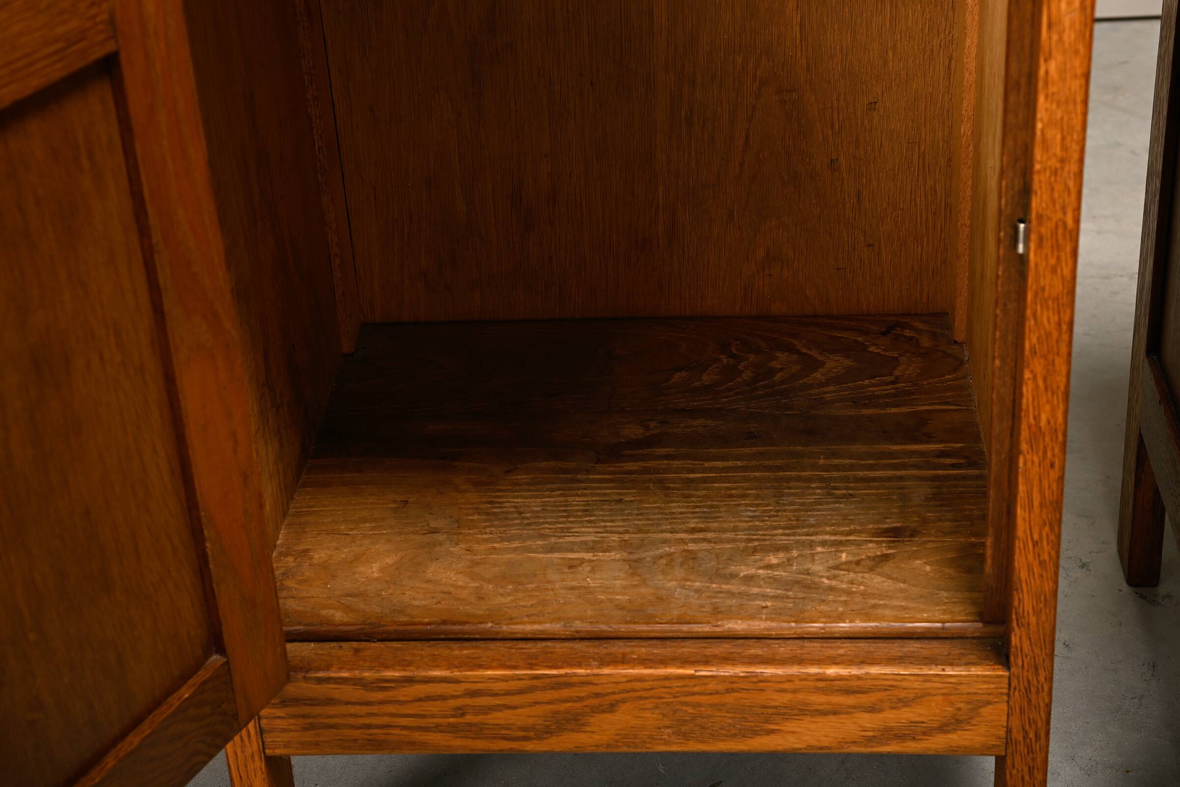 Art Deco Amsterdam School Nightstands pair in oak and glass, 1930s Netherla