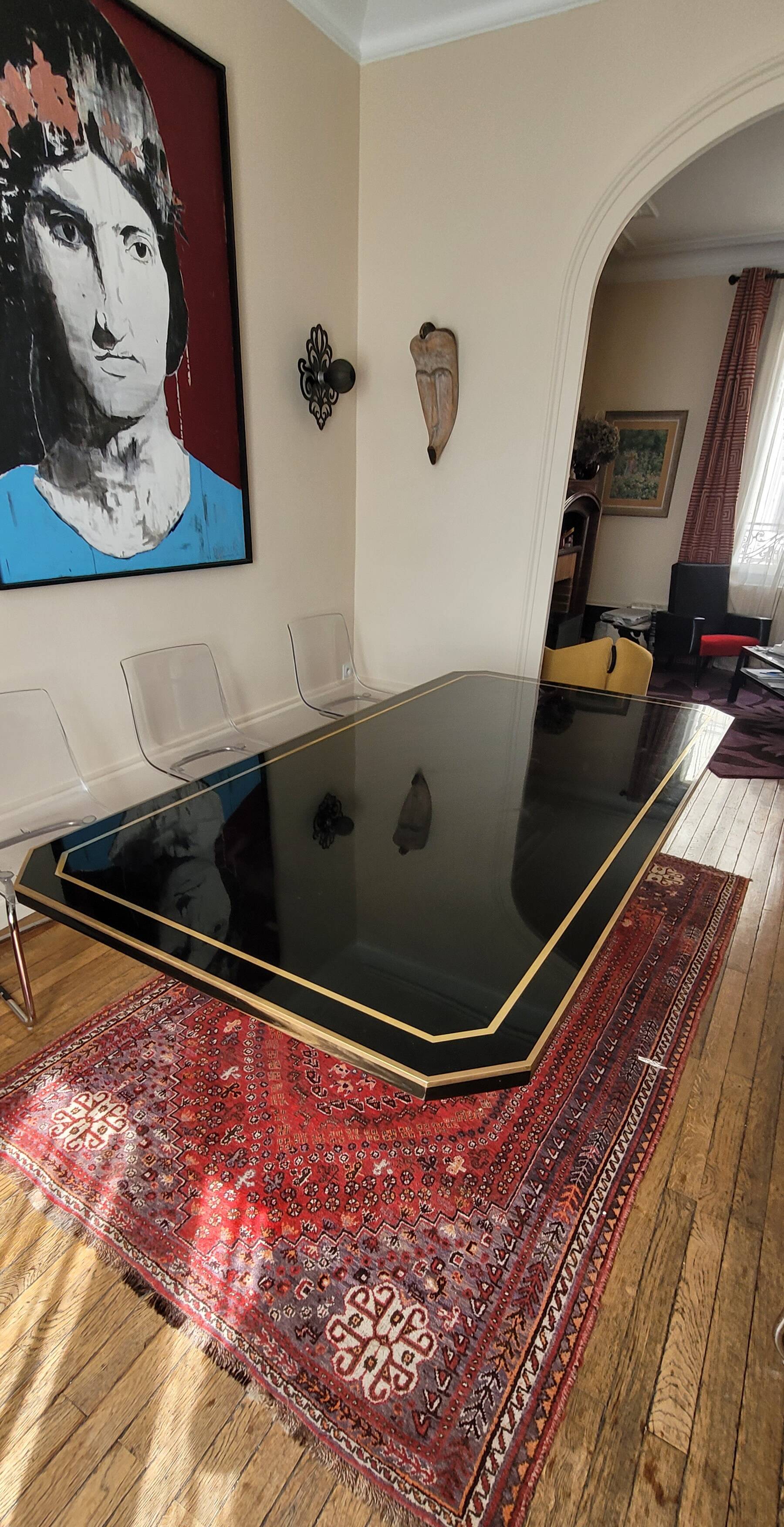 Large Lacquer and Brass Table by JC Mahey