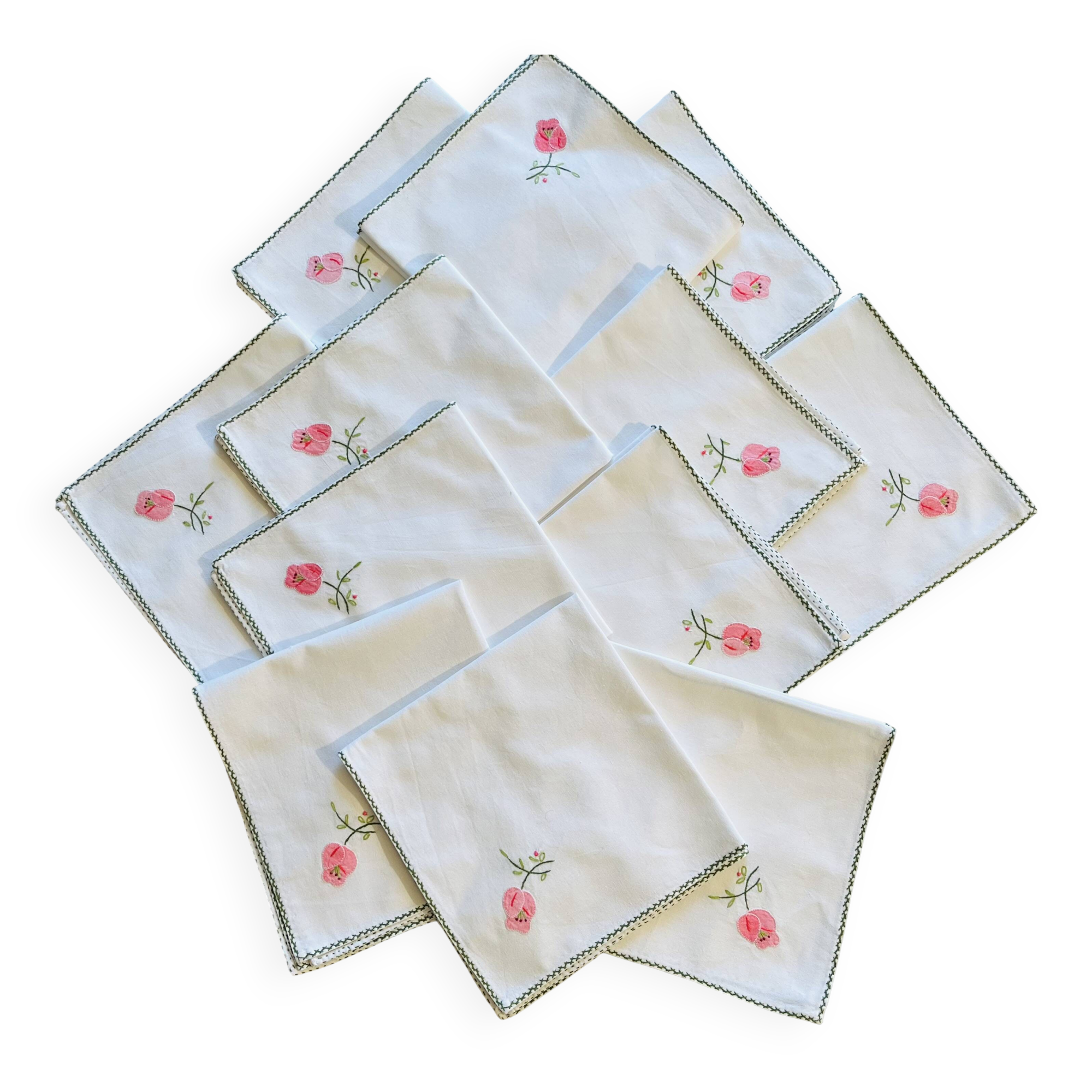 Set of 12 vintage hand-embroidered cotton white napkins.