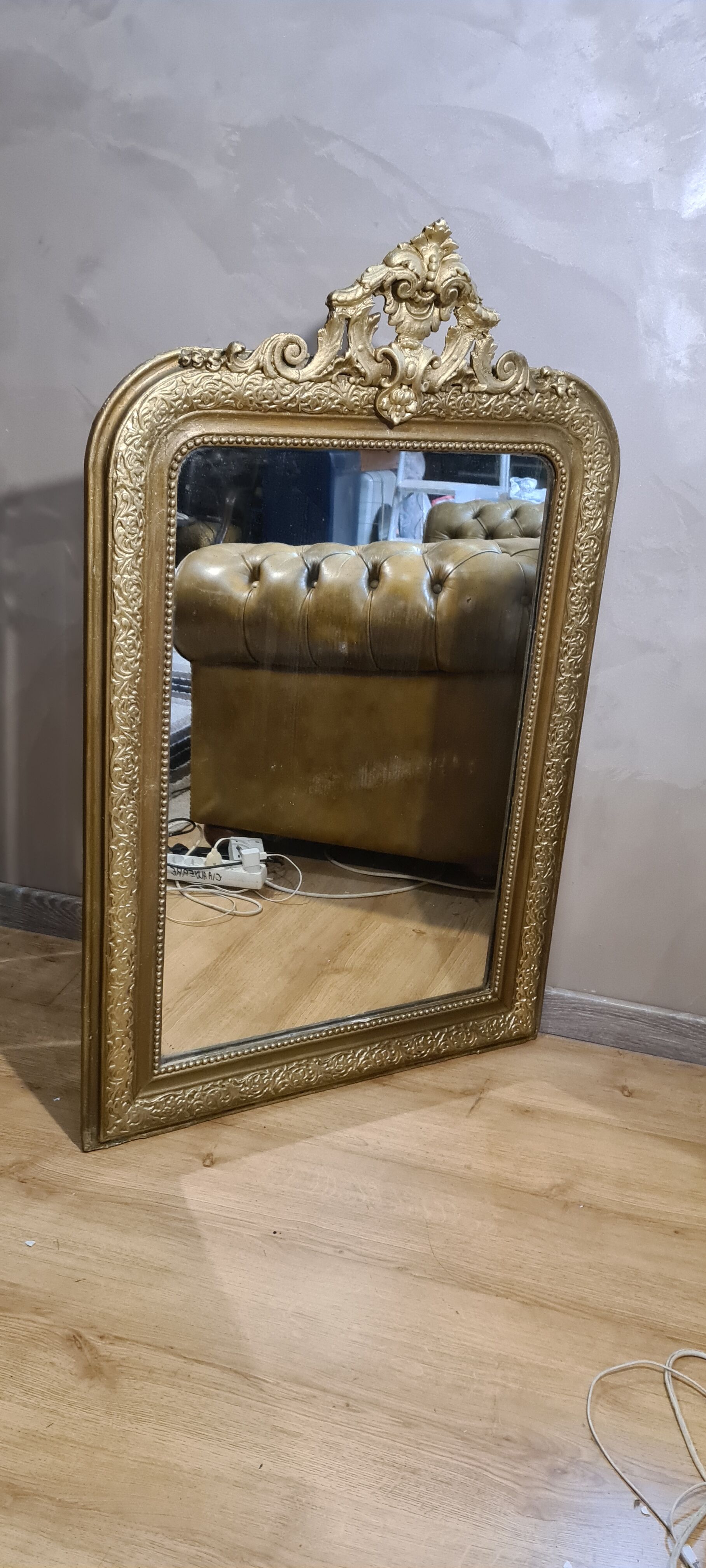Old Louis Philippe style mirror in gilded wood with pediment