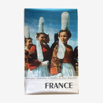 Affiche originale Bretagne costumes et coiffes du pays bigouden 62x99cm 1960