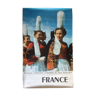 Affiche originale Bretagne costumes et coiffes du pays bigouden 62x99cm 1960