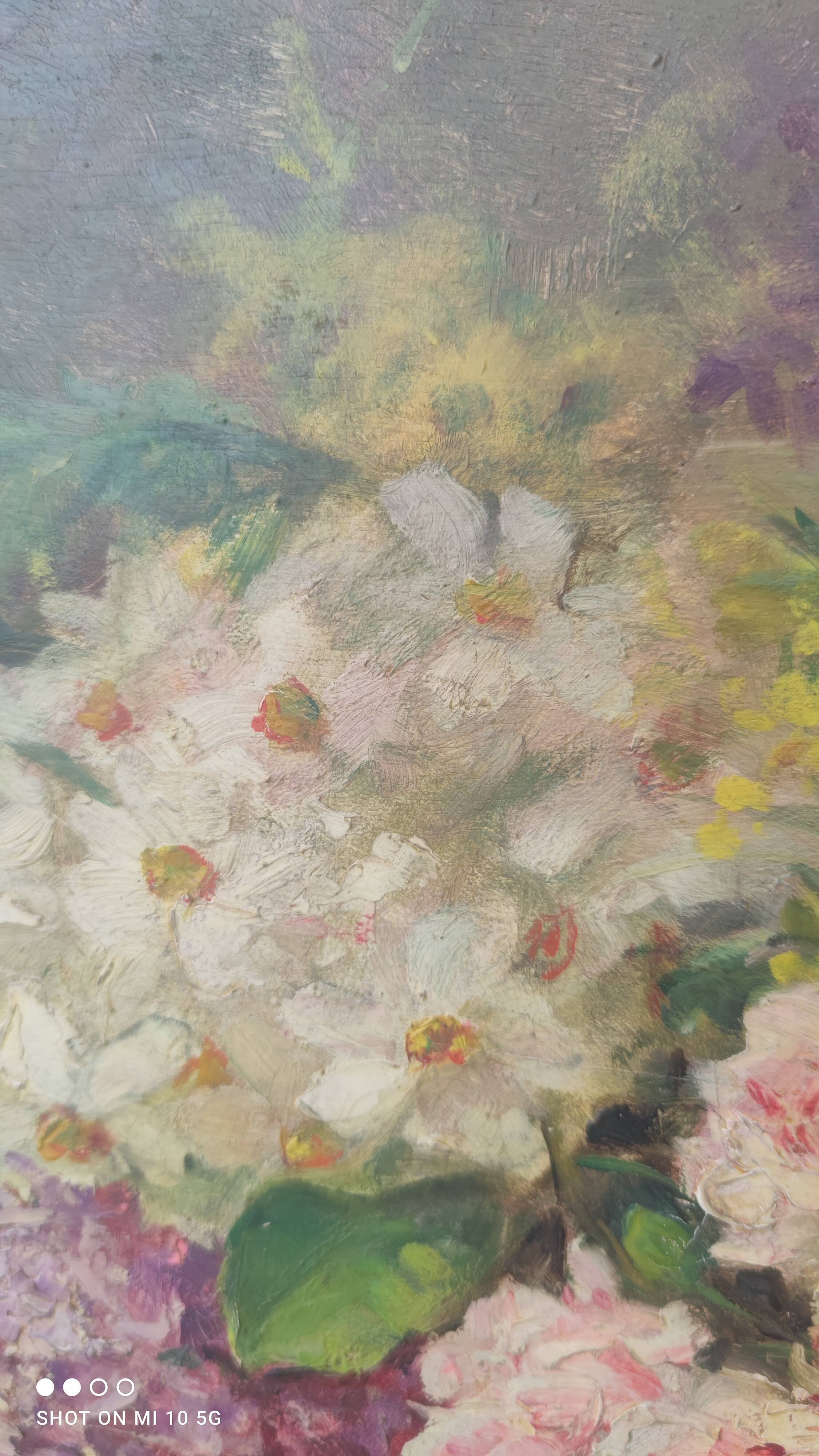 Elliptical table still life bouquet of flowers oil on wood by Lillie Honnorat