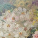 Elliptical painting still life bouquet of flowers oil on wood by Lillie Honnorat