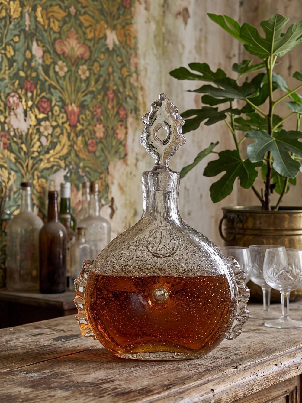 Cognac carafe Daum France Lorraine cross in bubbled crystal, 1960s-70s.