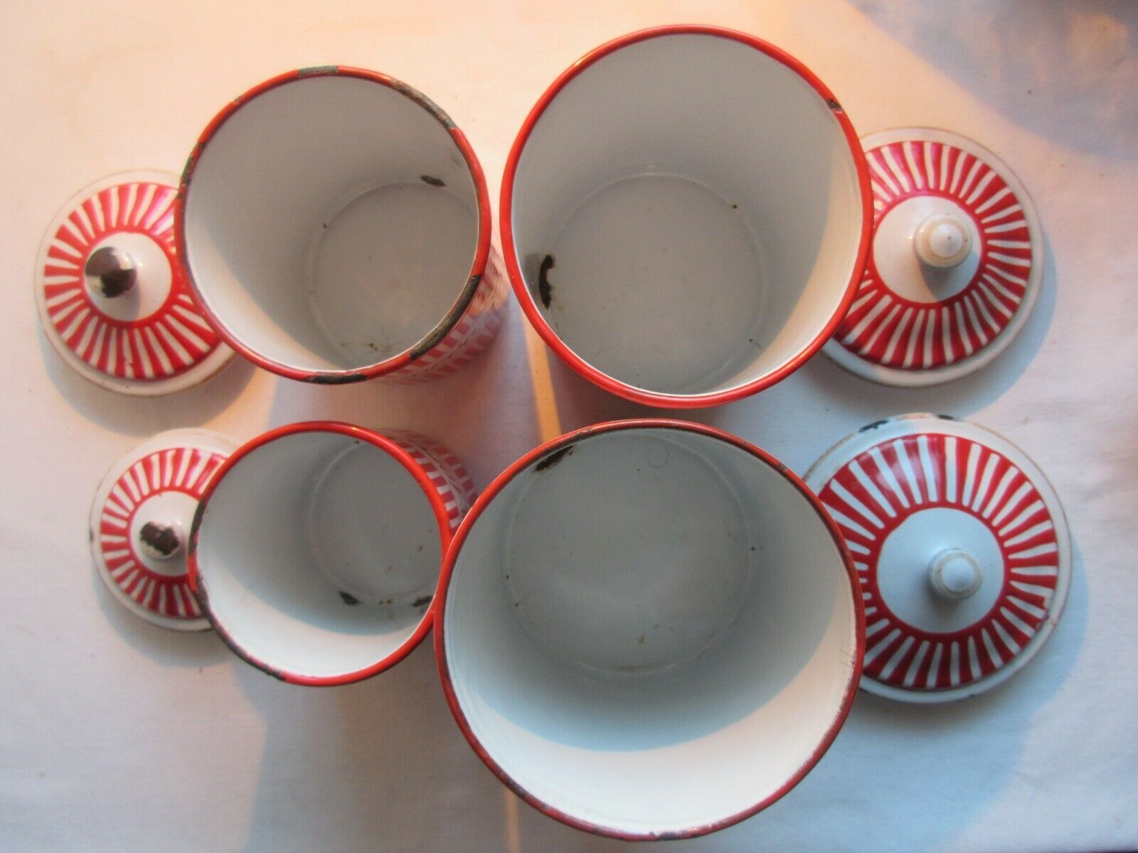 4 spice pots, Art Deco, enamelled sheet metal as coffee maker, signed BB