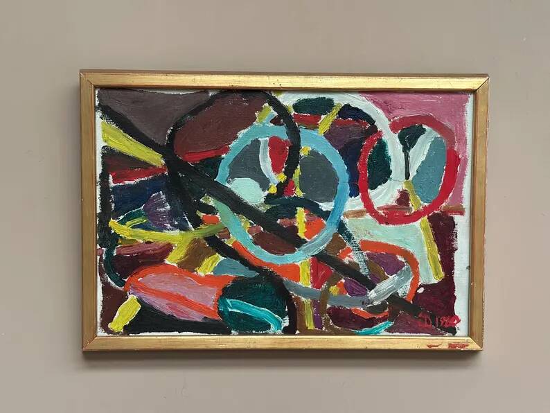 Original Swedish Oil on Canvas – “Abstract Composition” – Signed – Dated 1960 – Vintage & Framed – 44.5 × 31 cm (17.5" × 12.2")