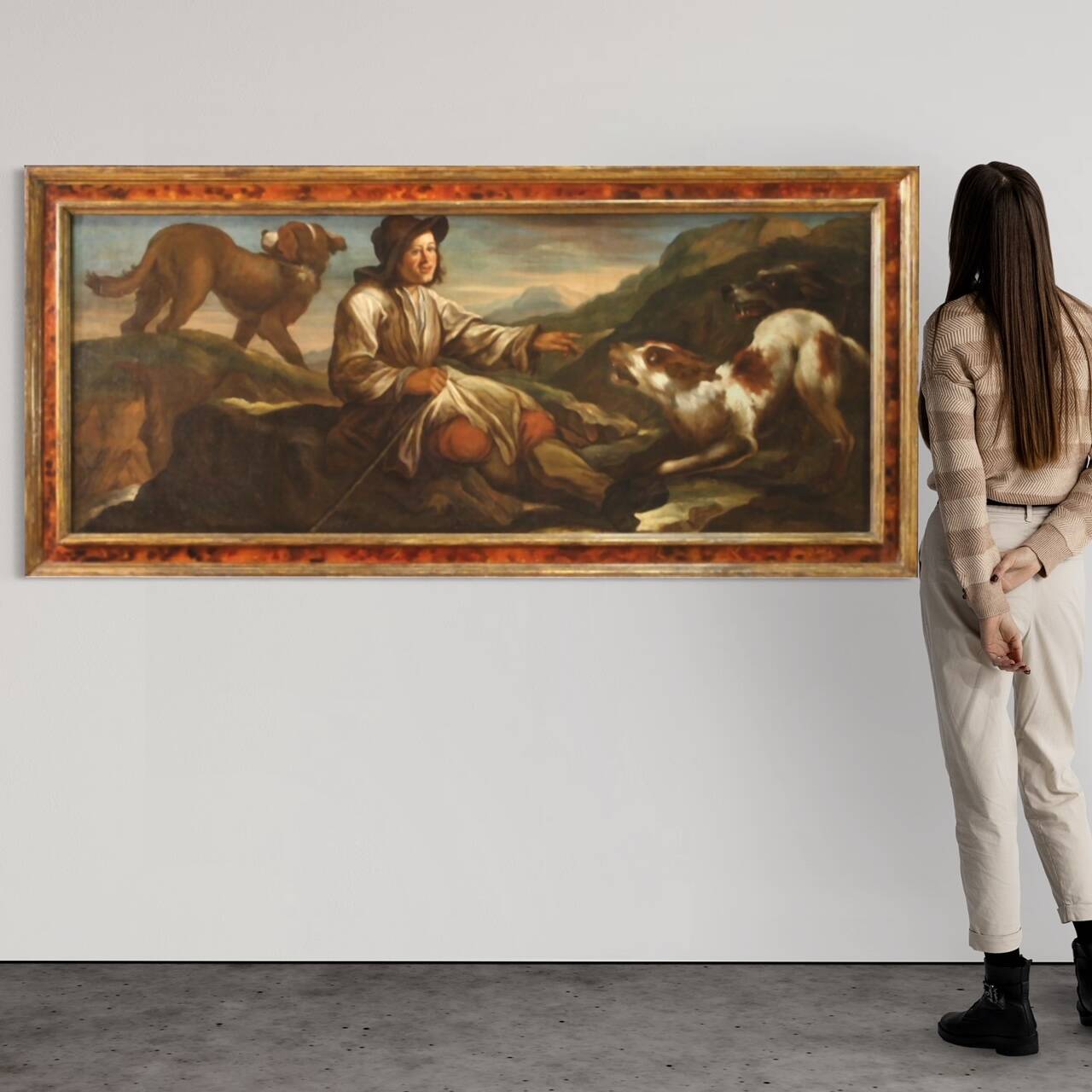 Tableau lombard antique du XVIIe siècle, le berger avec ses chiens