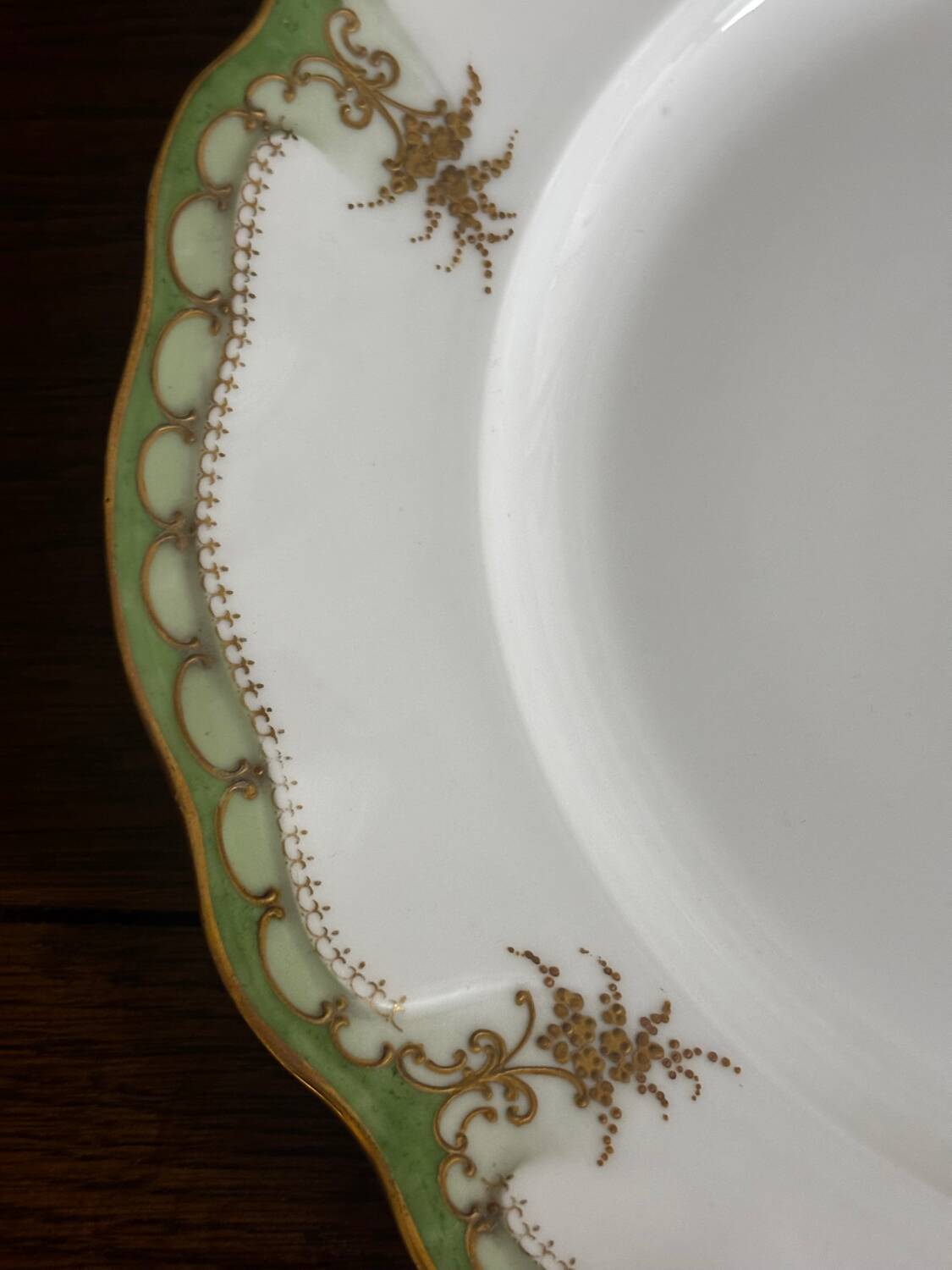 Vintage large round green porcelain serving platter with gold trim from Lim
