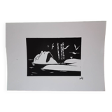 Woodcut engraving original print stamped numbered motif woman in Venice and birds