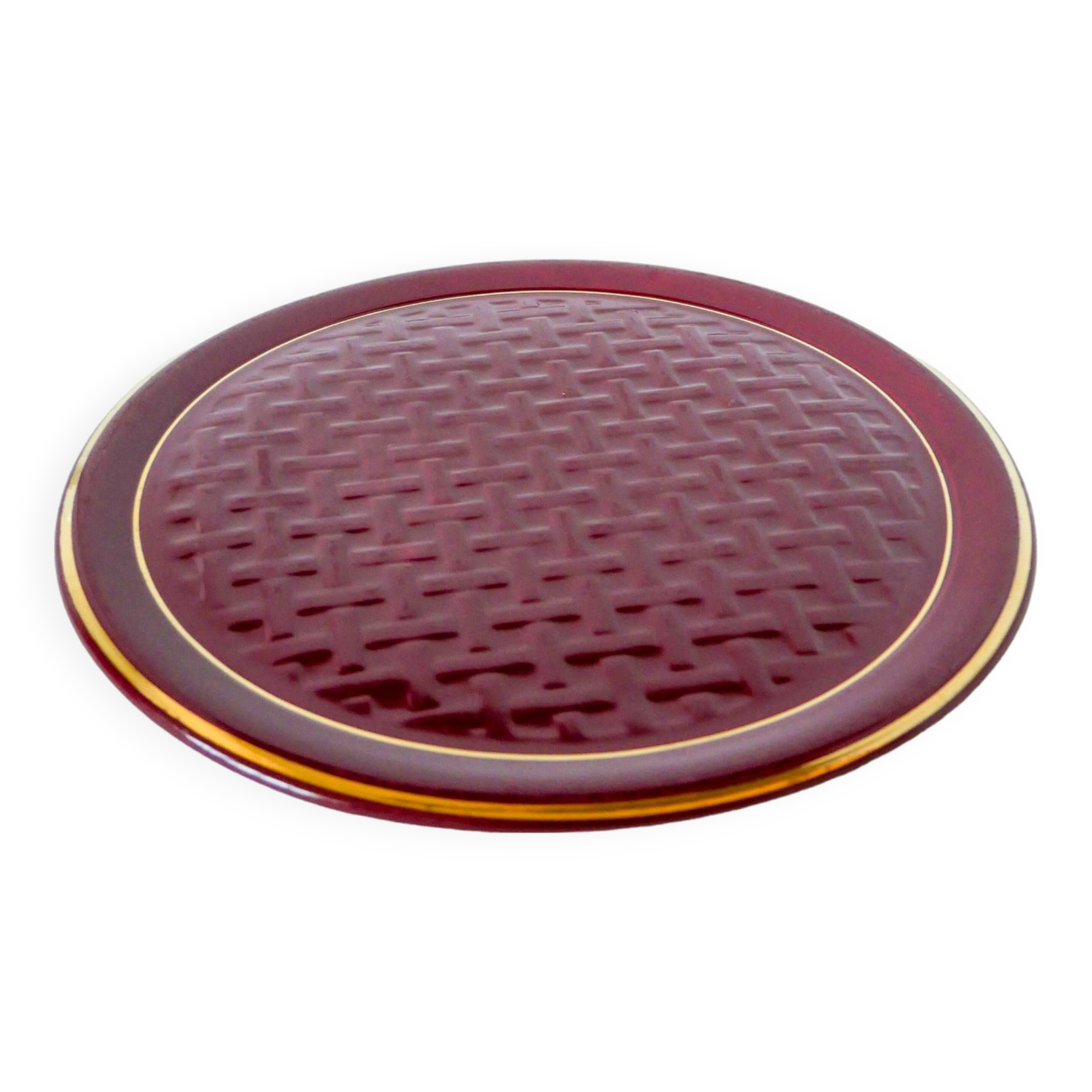 Large burgundy barbotine ceramic cake dish with braided effect 1960