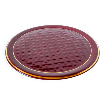 Large burgundy barbotine ceramic cake dish with braided effect 1960