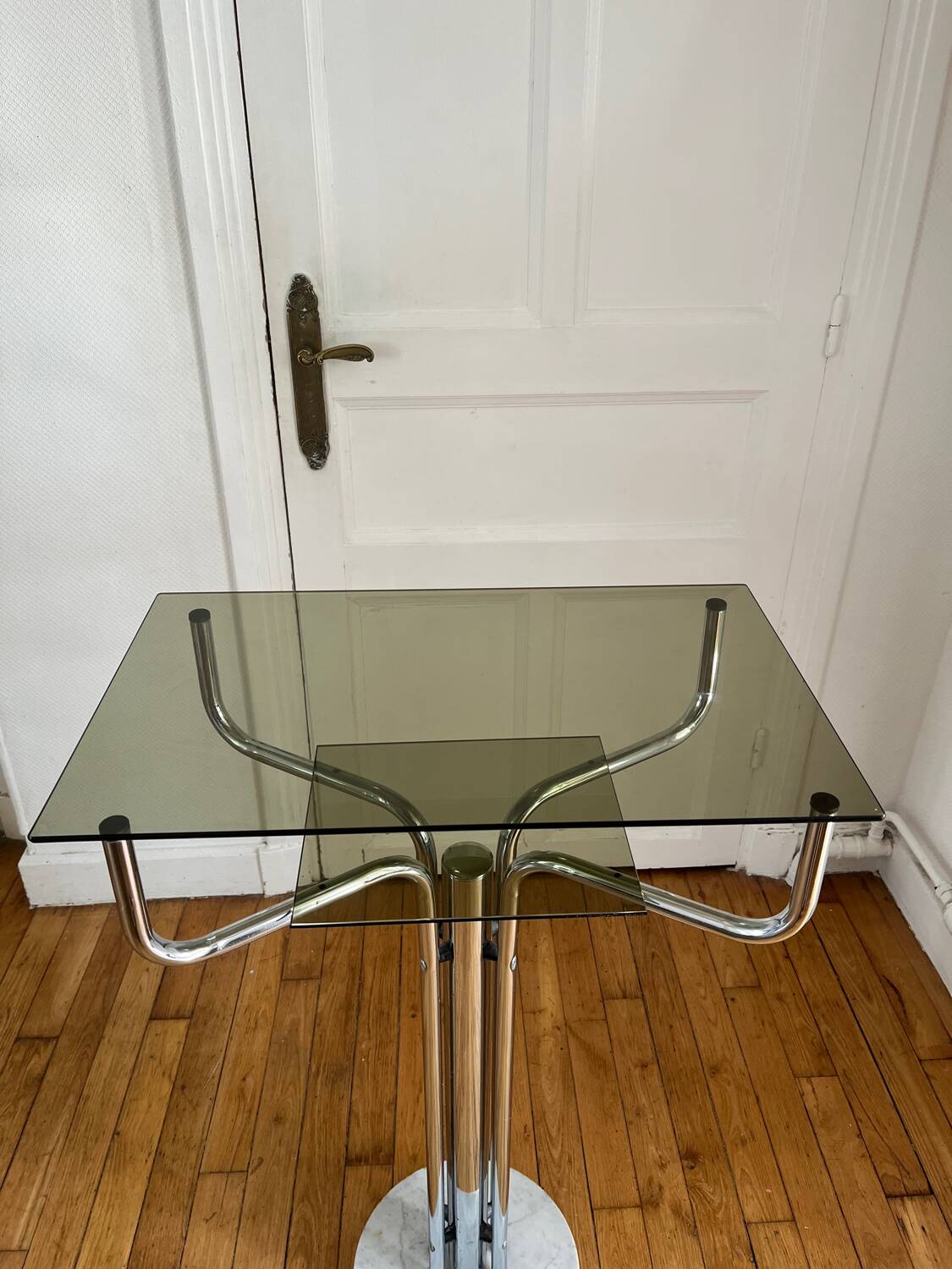 Console, guéridon en métal, marbre et verre fumé, 1980