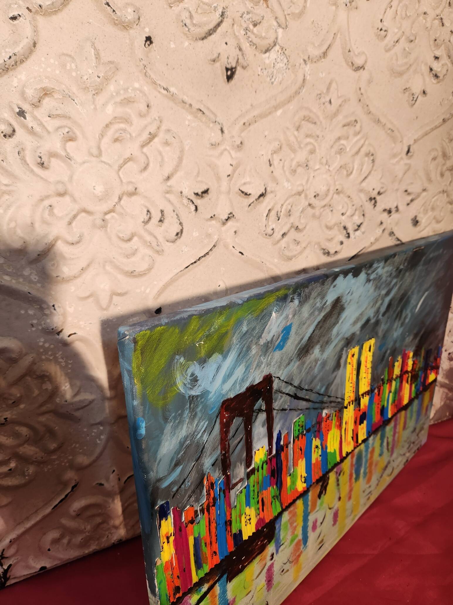 Mixed media canvas painting New York by B Morisson