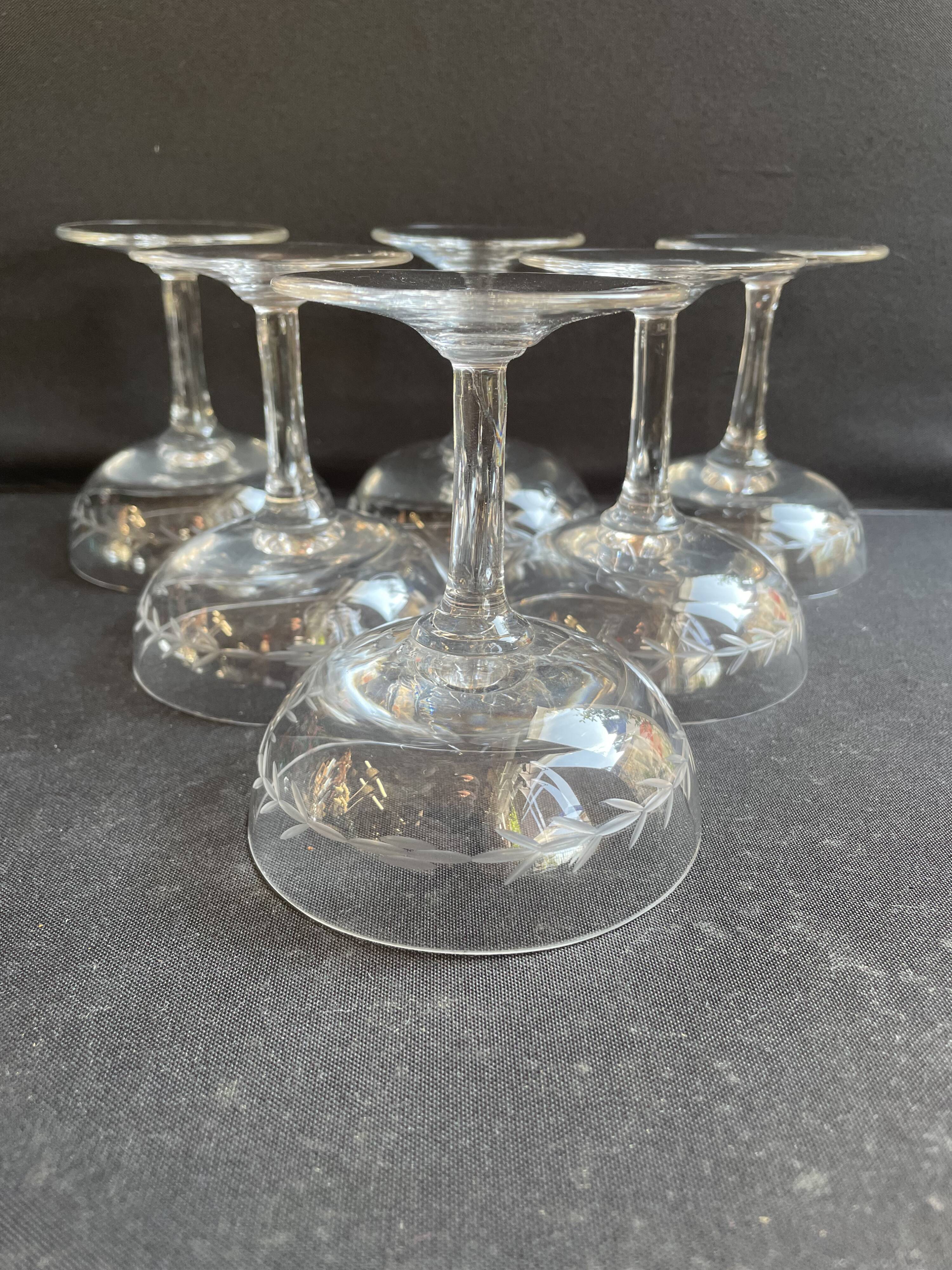 6 Blown and Cut Champagne Glasses