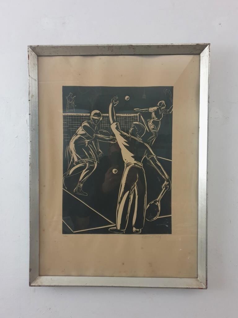 Vintage art deco tennis linocut