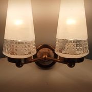 Pair of vintage double-light wall sconces in brass and etched glass from the 60s/70s.