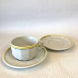 Ensemble Pichet Tasses  Bistrot Apilco ancien blanc liseré jaune et vert