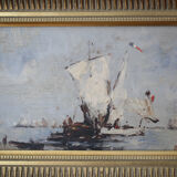 "Bateaux français sortant en mer" huile sur panneau, Bazil (XXe siècle)