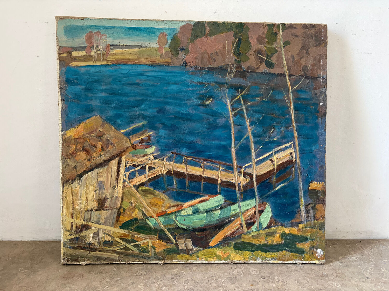 Oil on canvas "Rowboats on the dock"