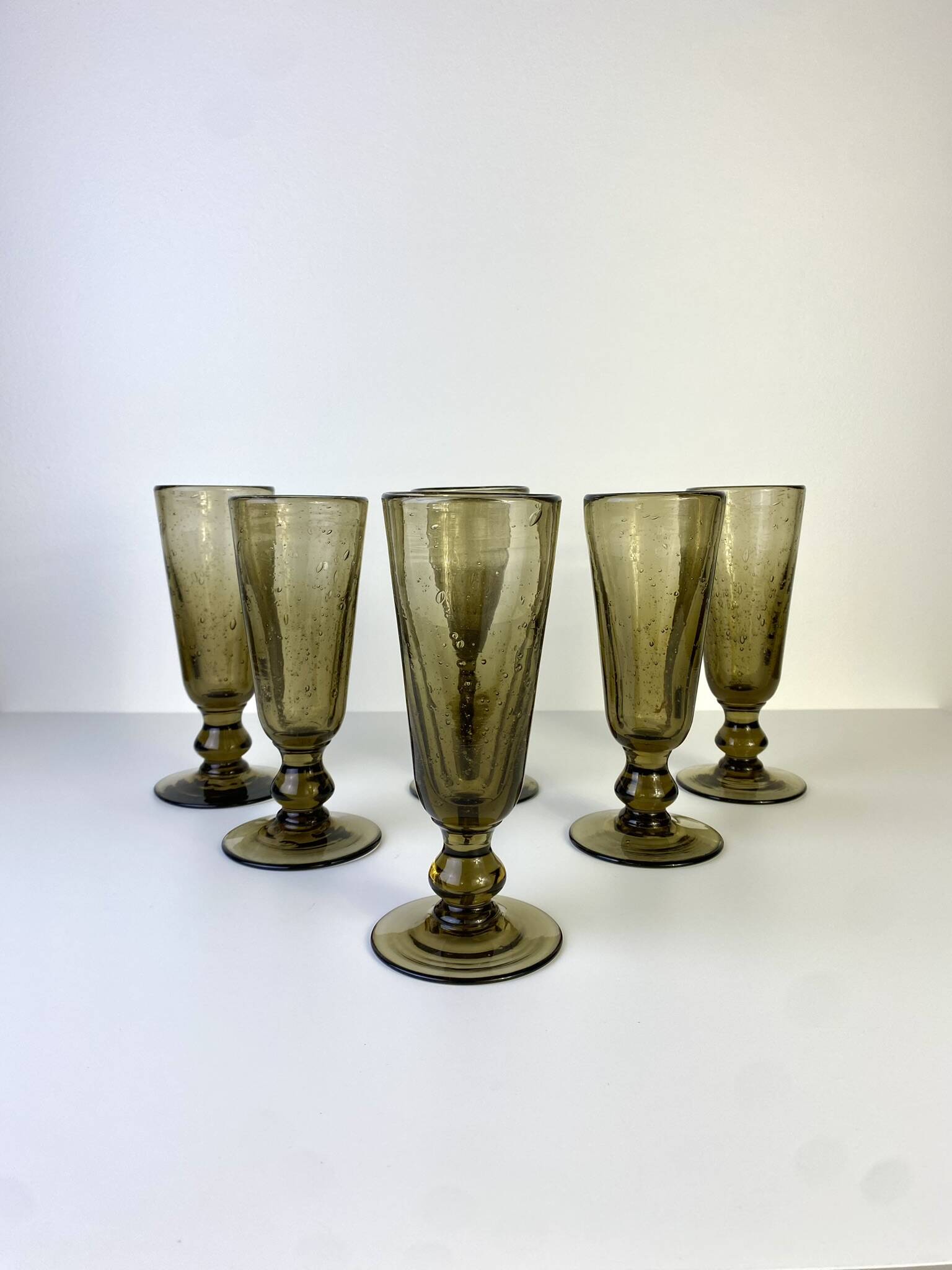 Set of 6 vintage black bubble glass champagne flutes