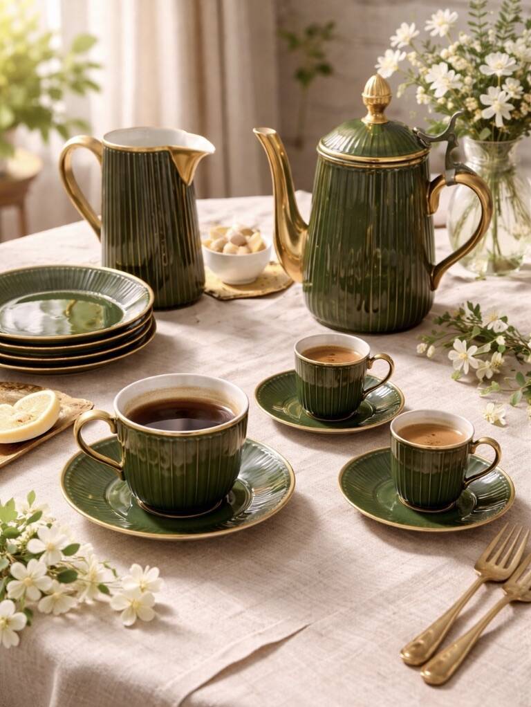 Vintage coffee and dessert service in green porcelain with gilding – 25 pieces